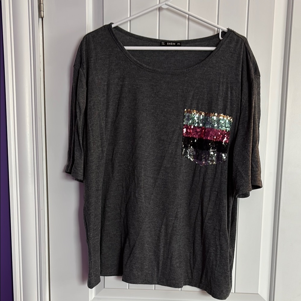 Sequin Pocket Gray Top